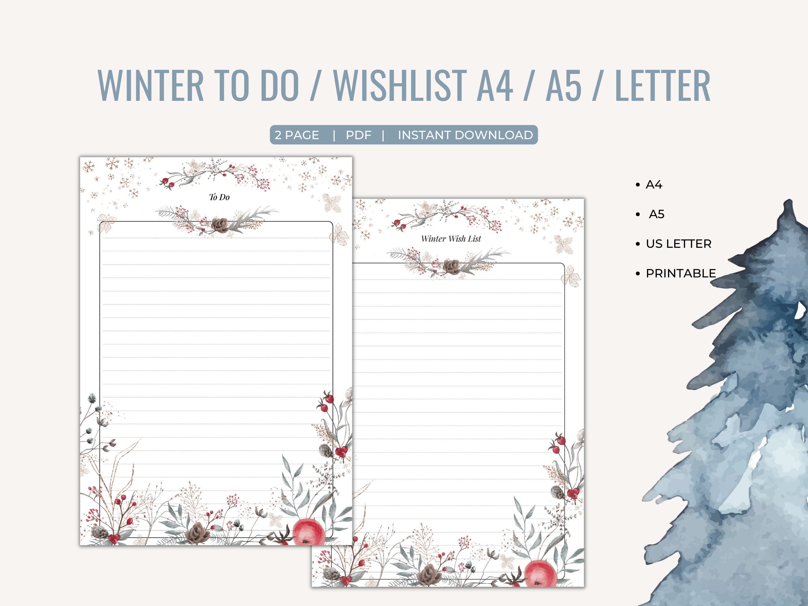 Winter to Do List / Wish List Printable for Planners, Notebooks and Journals, Lined, A4, A5, US ...