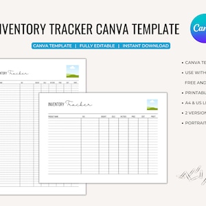 Plantilla de seguimiento de inventario de Canva totalmente editable, A4/Carta, formulario de gestión de inventario para pequeñas empresas, uso comercial, existencias y ventas