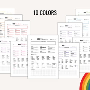 May include: Ten printable mood tracker templates in different colors. Each template includes a section for recording daily mood, activities, sleep, and notes.