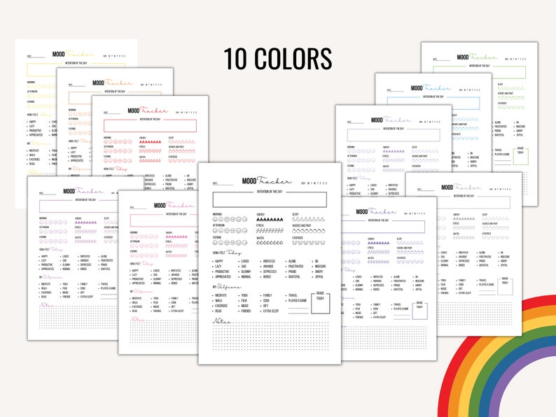 May include: Ten printable mood tracker templates in different colors. Each template includes a section for recording daily mood, activities, sleep, and notes.