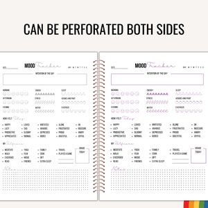 May include: A black and white mood tracker journal with a rainbow design on the cover. The journal has perforated pages and includes sections for tracking mood, energy, sleep, stress, water, exercise, how you felt, self-care, and notes.
