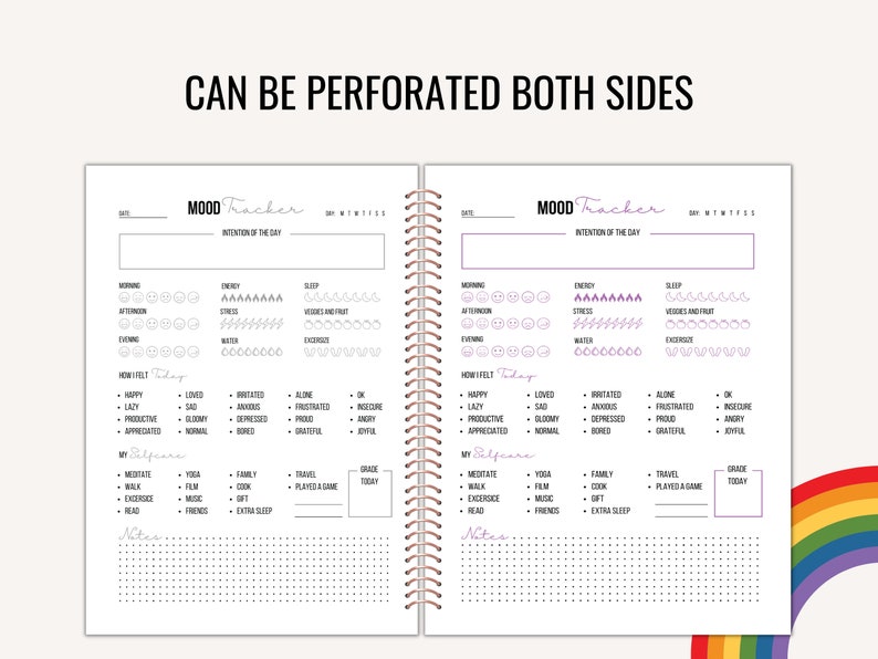 May include: A black and white mood tracker journal with a rainbow design on the cover. The journal has perforated pages and includes sections for tracking mood, energy, sleep, stress, water, exercise, how you felt, self-care, and notes.