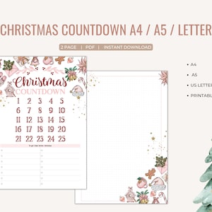 Christmas Countdown Advent Printable for planners and notebooks, dotted paper, A4, A5, US Letter