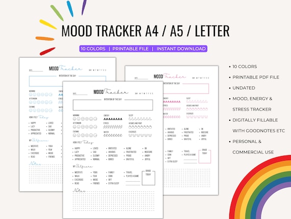 Undated Printable Daily Mood & Mental Health Tracker in 10 Colors for A4, A5, and US Letter, Personal and Commercial use