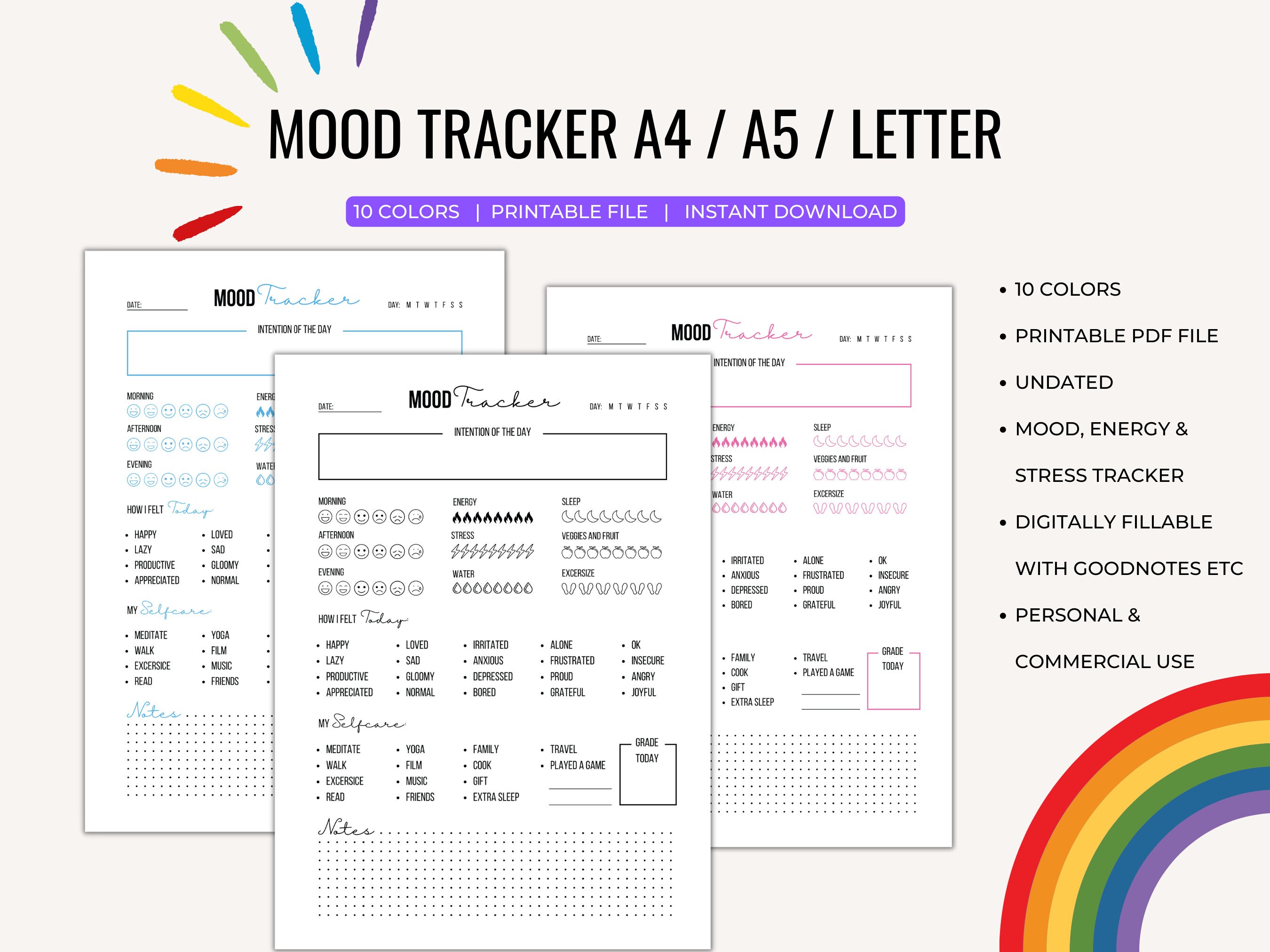 Undated Printable Daily Mood & Mental Health Tracker in 10 Colors for ...