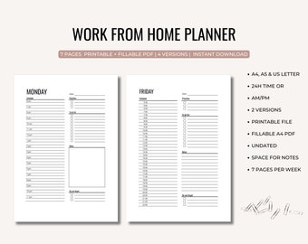 Work from home daily planner, A4, A5, USLetter, 24h / am/pm, 2 versions, Productivity planner, Daily hourly planner, Fillable A4 PDF