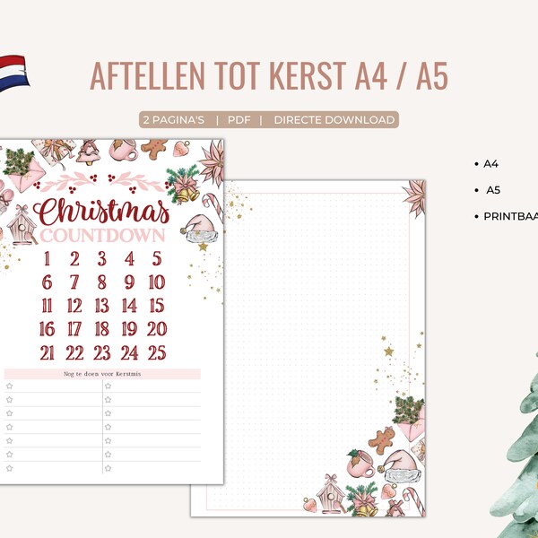 DUTCH | Christmas Countdown Advent Printable for planners and notebooks, dotted paper, A4 en A5