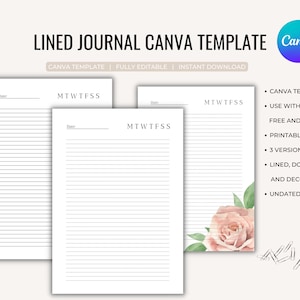 Plantilla Canva de diario rayado totalmente editable, incluye línea punteada y rosa rosa decorada, carta A4/EE. UU., para diarios y cuadernos