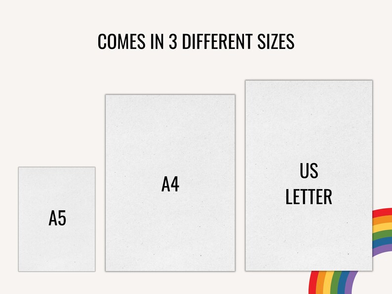 May include: Three different sizes of paper are shown: A5, A4, and US Letter. The paper is white and has a textured surface.