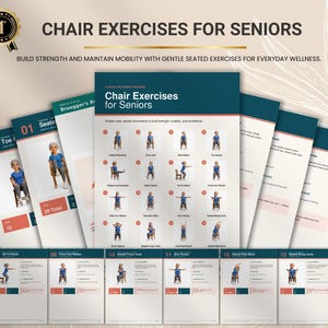 Puede incluir: Una colección de documentos instructivos titulada Chair Exercises for Seniors, que presenta una guía central con ilustraciones numeradas de movimientos sentados, rodeada de hojas de ejercicios individuales con texto y diagramas.