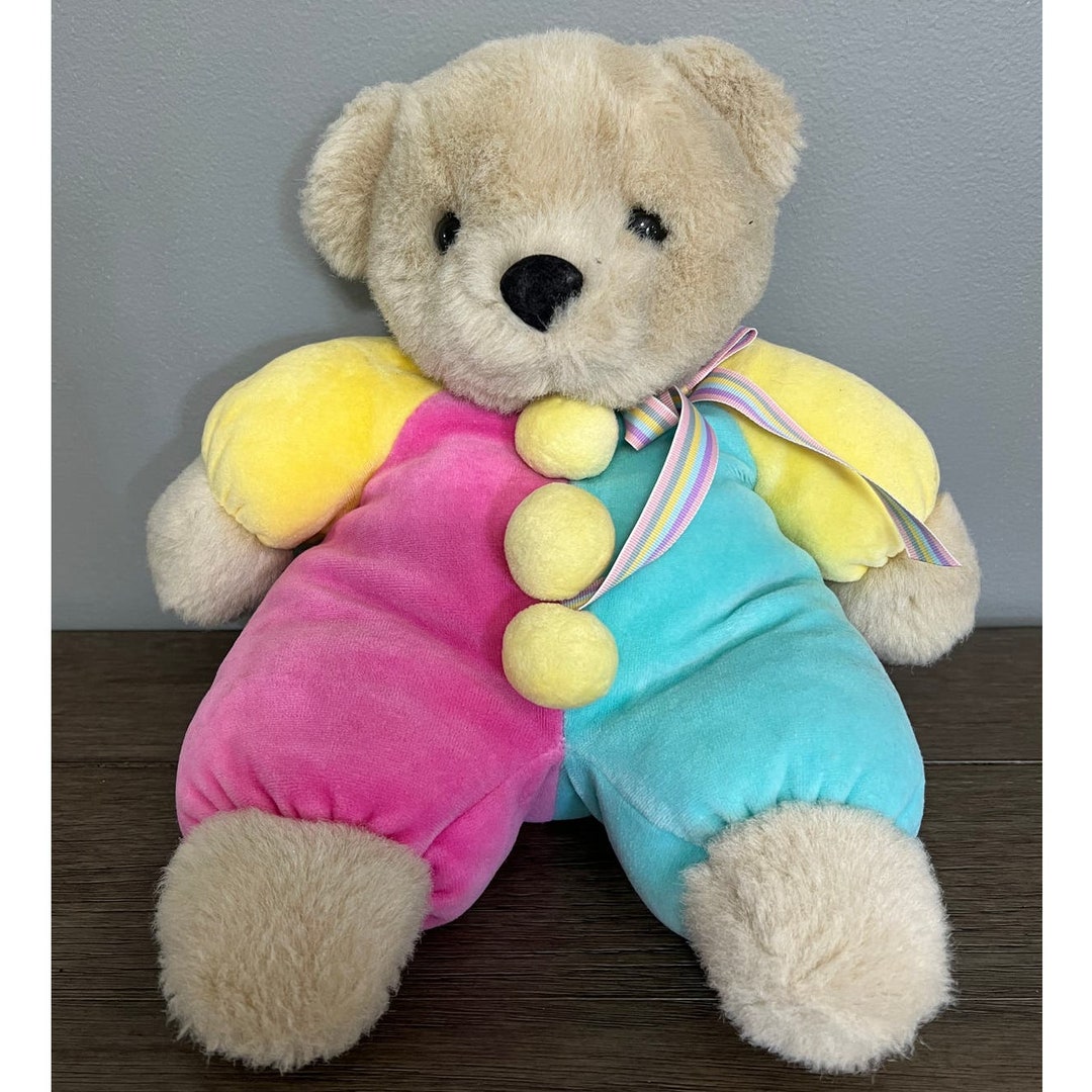 Vintage 1994 Ganz Loving Hearts Clown Teddy Bear Pink Teal Yellow