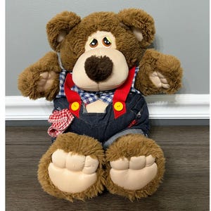May include: A brown plush teddy bear wearing denim overalls with red suspenders and a blue and white checkered shirt. The bear has a light brown snout, brown eyes, and large brown paws. The overalls have yellow buttons.