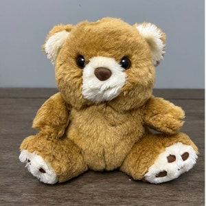 Peut inclure: Un ours en peluche brun avec des accents blancs autour des yeux, du nez et des pattes. L'ours est assis sur une surface en bois.