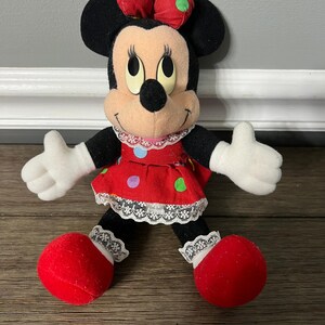 VTG Minnie Mouse in Colorful Polka Dot Dress & Matching Bow Plush image 1