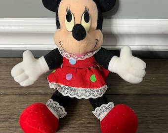 VTG Minnie Maus im bunt gepunktetem Kleid & passender Schleife Plüsch