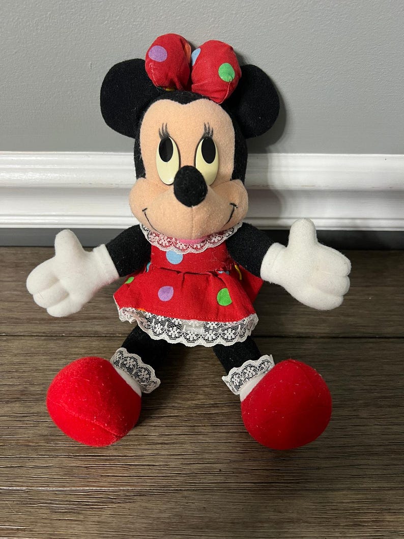 VTG Minnie Mouse in Colorful Polka Dot Dress & Matching Bow Plush image 1