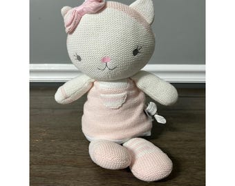 Lambs & Ivy Ava Cat Knit Plush Pink White Kitten Stuffed Animal Nursery Toy