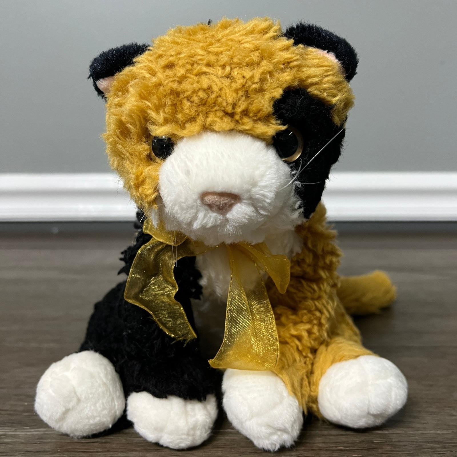 TY Classic Calico Cat Plush Gold Bow Stuffed Animal Toy Kitten