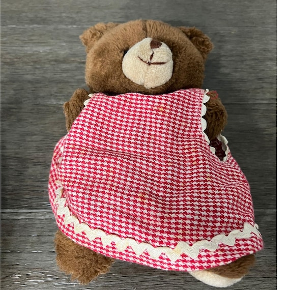Vintage Brown Teddy Bear Red Gingham Dress Plush Stuffed Animal