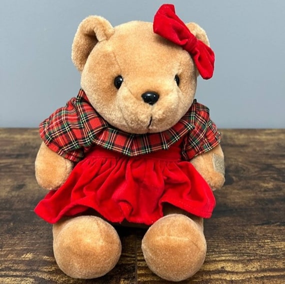 International Silver Bear in Red Plaid Holiday Dress & Bow Plush Vintage -  Etsy