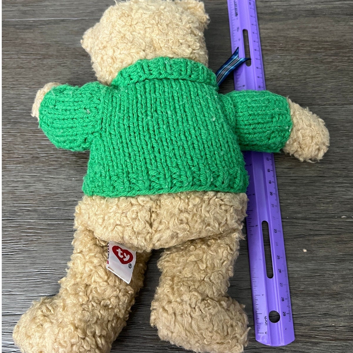 Vintage 1992 TY Classic Teddy Bear Plush With Green Cable Knit