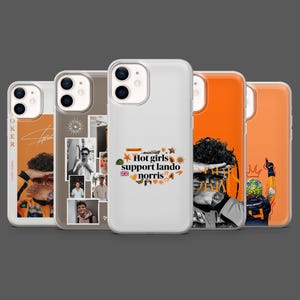 May include: A collection of phone cases featuring images of a person, with the text "Hot girls support Lando Norris" on one case. The cases are in various colors, including white and orange.
