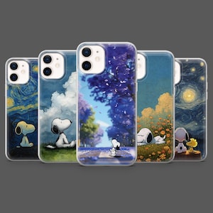 May include: Five clear smartphone cases featuring Snoopy in various artistic settings, including a starry night sky, a grassy field with clouds, a path under purple trees, a flower meadow, and a night scene with a large moon and yellow bird.