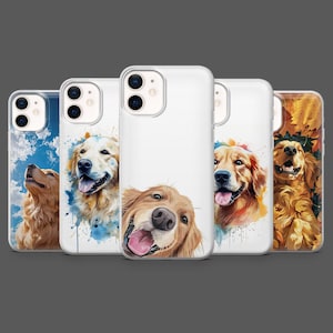 Op de afbeelding: Vijf telefoonhoesjes met aquarel illustraties van Golden Retrievers. De hoesjes tonen verschillende poses en uitdrukkingen van de honden, met diverse achtergronden, waaronder blauwe luchten en herfstbladeren.