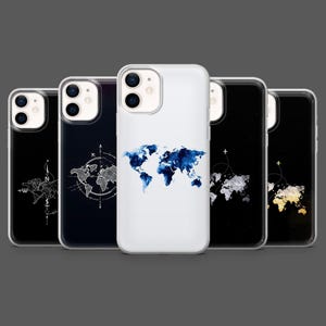 May include: A collection of phone cases with world map designs. The cases feature various color schemes, including a blue watercolor map on a white background, and maps with compass and airplane graphics. The cases are designed for a smartphone.