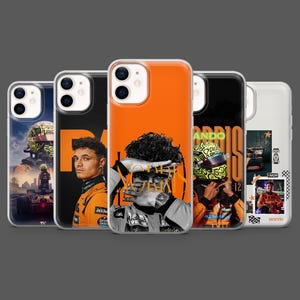 May include: A collection of five phone cases featuring Formula 1 racing themes. The cases showcase portraits of drivers, racing helmets, and race cars, with a vibrant color palette including orange, black, and white. The cases are designed for a smartphone.