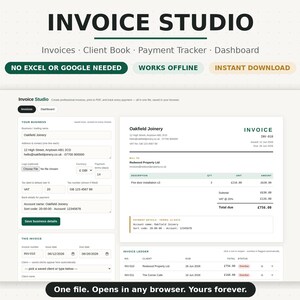 Op de afbeelding: Digitale software-interface Invoice Studio met secties voor facturen, klantenboek, betalingstracker en dashboard. Het scherm toont bedrijfsgegevens, factuurvelden en een grootboek. Tekst bevat: INVOICE STUDIO, NO EXCEL OR GOOGLE NEEDED, WORKS OFFLINE, INSTANT DOWNLOAD, One file. Opens in any browser. Yours forever.