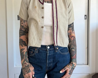 Vintage 1950s 1960s Kids Baseball Jersey Thick Cotton Distressed Oatmeal Tan