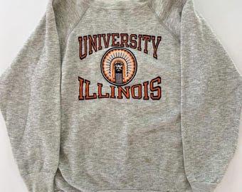 Vintage University of Illinois Sweatshirt Grey Flock Print Raglan Mens Large