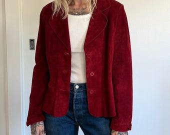 Uniform John Paul Richard Red Suede Leather Blazer Jacket Women Large Peplum Hem