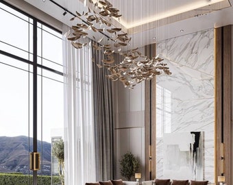 Lustre moderno para hall de entrada - Iluminação personalizada com múltiplos pendentes, lustre longo para sala de jantar, lustre grande para escada de dois andares com LED dimerizável.