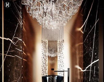 Aangepaste glazen kroonluchter, kunstglas Murano, REGENWOUD KROONLUCHTER moderne eetkroonluchter, trapverlichting, aangepaste entree foyer-verlichting