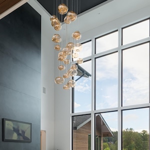 Modern-staircase-lights-dining-chandelier-CIELO CHANDELIER- Irregular globe oversized pendant lighting-high ceiling-Custom-stairwell-light