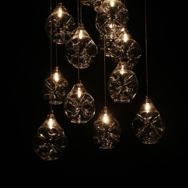 Contemporary-staircase-chandelier-lighting-led-irregular-globe-CLOUD BLOWN GLASS-multi-pendant- Custom-dining-lighting- Bespoke-chandelier