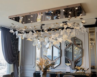 Modern art glass chandelier- SNOWY GLASS LEAVES - contemporary dining chandelier, two story-staircase-lighting led, Modern entry-chandelier.