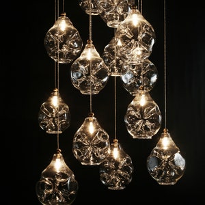 Contemporary-staircase-chandelier-lighting-led-irregular-globe-CLOUD BLOWN GLASS-multi-pendant- Custom-dining-lighting- Bespoke-chandelier