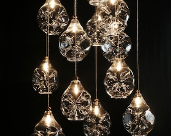 Contemporary-staircase-chandelier-lighting-led. Modern dining light fixture CLOUD BLOWN GLASS-custom multi-pendant-lighting- Bespoke-lights