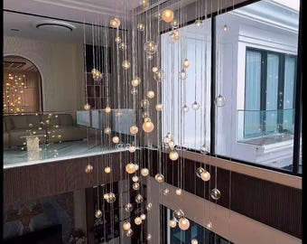 BUBBLES- Modern-clear-blown-glass-sphere-lighting, high-ceiling-stairway-chandelier, multi-pendant- Custom-dining-lights-staircase-lighting