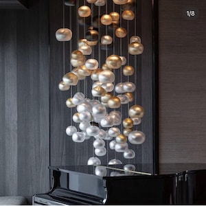 Custom-staircase-chandelier- Long-pendant-lighting Modern-two-story-foyer-lights-MOONLIGHT CHANDELIER-dining-chandelier-Bespoke-chandelier
