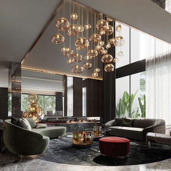 Modern-staircase-lighting Dining-pendant-lighting -CIELO CHANDELIER Entry-light-Irregular-glass-globe-oversized-foyer- led-Custom-chandelier