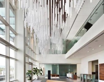Lamp met geblazen glas, moderne-eetkamerverlichting-led-RAINFALL-hedendaagse lange kroonluchter met twee verdiepingen, kroonluchter in foyer