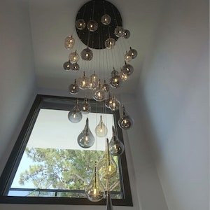 Blown-glass-lighting, long-staircase-chandelier -FIERO raindrop lighting, custom foyer -lighting, multi-level-large-dining-light-fixture-led