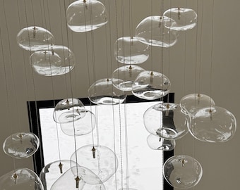 Luminária pendente moderna para escada - Lustre CIELO - Lustre de vidro grande com globo irregular para sala de jantar, Lustre personalizado de vários níveis com LED