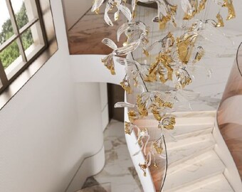 Modern-dining-chandelier-foyer-WAVY LEAVES - Murano glass leaves chandelier-handcrafted-custom lighting - high ceiling staircase chandelier