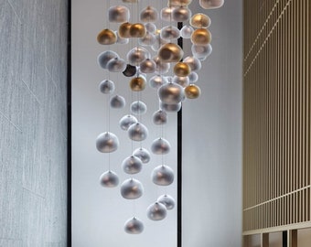 Custom glass chandelier- Multi pendant lighting Modern-two-story-staircase-lights-MOONLIGHT CHANDELIER-dining-chandelier- Bespoke-chandelier