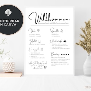 May include: A black and white printable welcome sign for guests with the text "Willkommen" and information about the wifi, contact, house rules, check-out info, and a rating section.